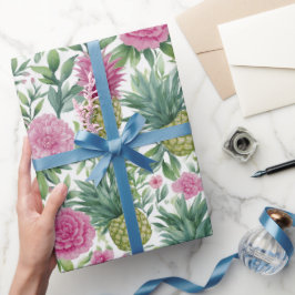 Papel De Regalo Patrón de piñas florales acuarela rosa verde