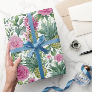 Papel De Regalo Patrón de piñas florales acuarela rosa verde