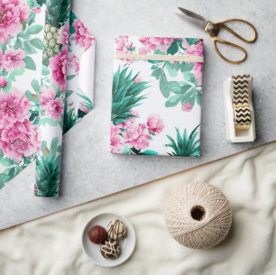 Papel De Regalo Patrón de piñas florales acuarela rosa verde