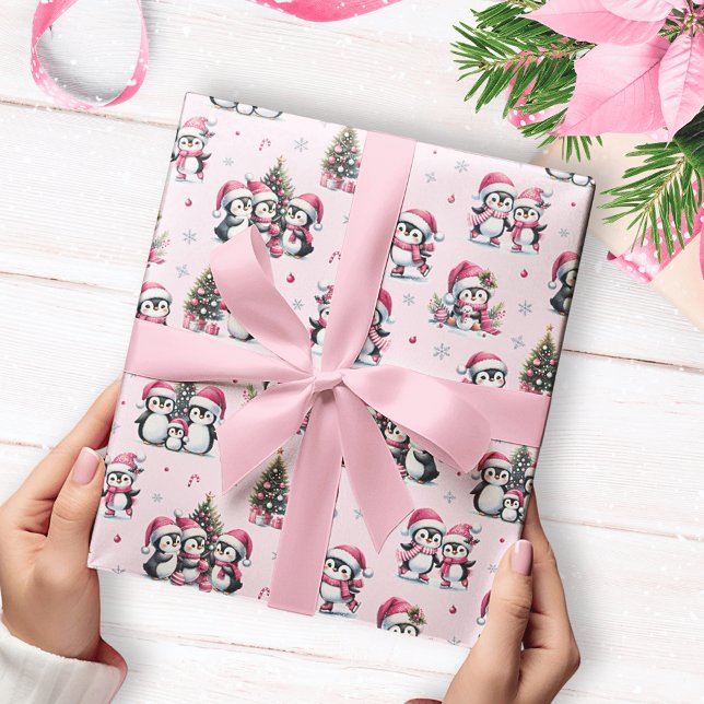 Papel De Regalo Patrón de pingüinos pequeños Navidades rosados (Subido por el creador)