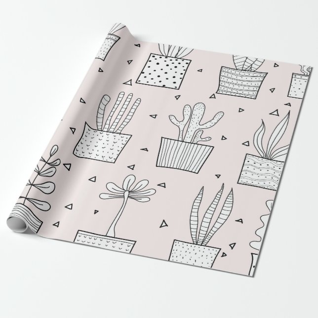 Papel De Regalo Patrón de plantas potentes dibujadas a mano (Desenrollado)