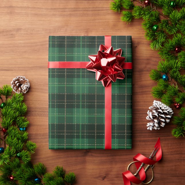 Papel De Regalo Patrón de plasto tartán de oro verde oscuro tradic (Regalo de vacaciones)