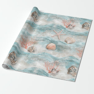 Papel De Regalo Patrón de playa de coral junto al mar Aqua