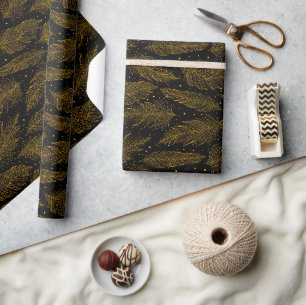 Papel De Regalo Patrón de pluma vintage negro dorado