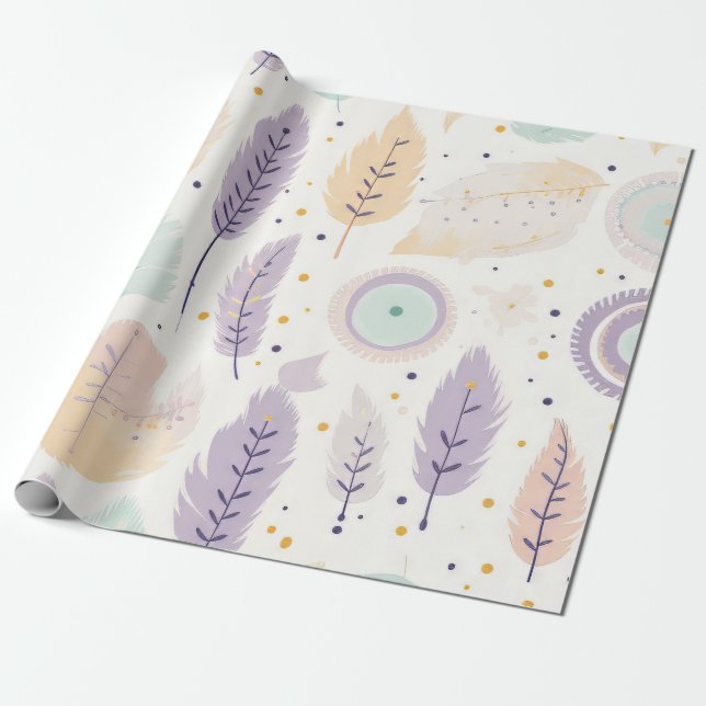 Papel De Regalo Patrón de plumas de Boho Pastel con acentos geomét (Desenrollado)