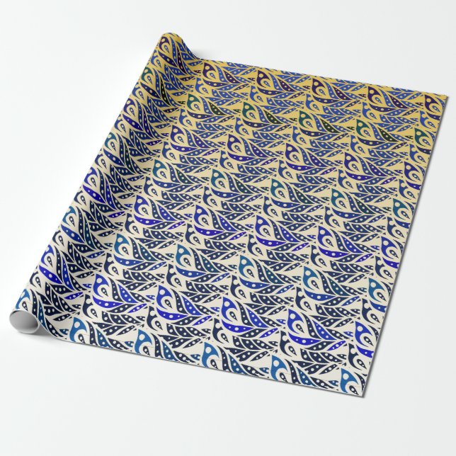 Papel De Regalo Patrón de plumas de pavo real azul y oro (Desenrollado)