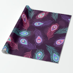 Papel De Regalo Patrón de plumas de pavo real dibujadas a mano. Vi