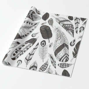 Papel De Regalo Patrón de plumas en blanco y negro