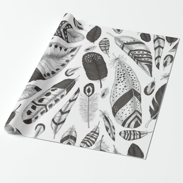Papel De Regalo Patrón de plumas en blanco y negro (Desenrollado)