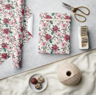 Papel De Regalo Patrón de poinsettia de color de agua y Navidades