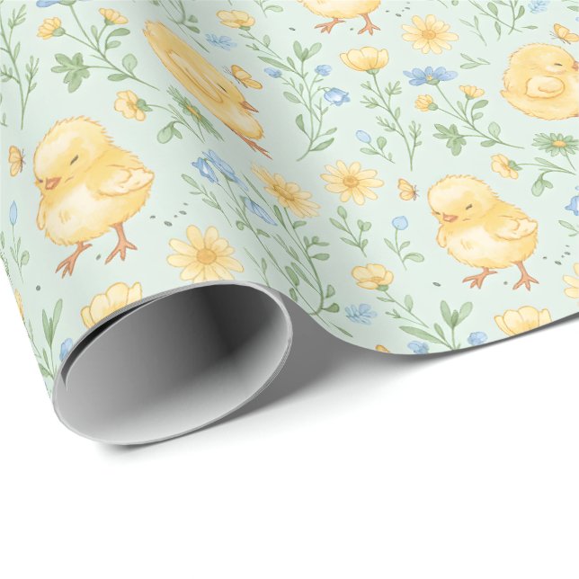 Papel De Regalo Patrón de pollitos amarillos y flores lindas (Esquina del rollo)