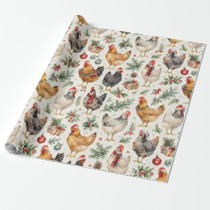 Papel De Regalo Patrón de pollo de Navidad Acuarela de gallinas fe