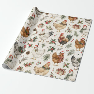 Papel De Regalo Patrón de pollo de Navidad Acuarela Gallinas festi