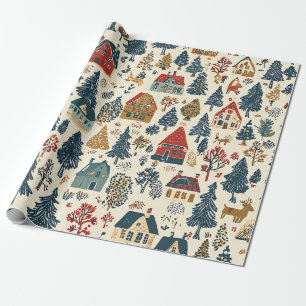 Papel De Regalo Patrón de pueblo navideño de madera rojo naval