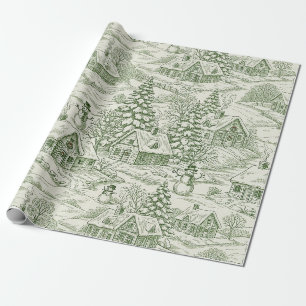 Papel De Regalo Patrón de Pueblo Navideño Vintage Toile Verde