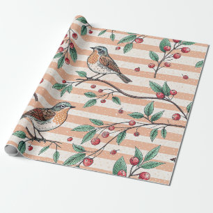 Papel De Regalo Patrón de rama de baya de ruiseñor de melocotón vi