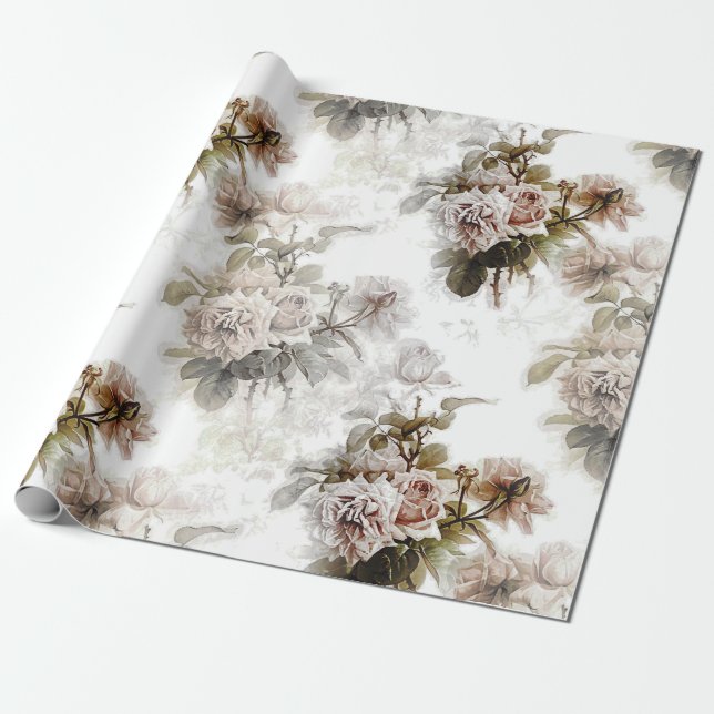 Papel De Regalo Patrón de ramo rosa gris rosa suave a la antigua (Desenrollado)
