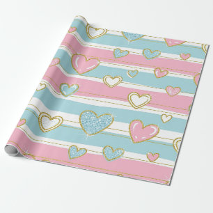 Papel De Regalo Patrón de rayas de corazón pastel con estilo brill