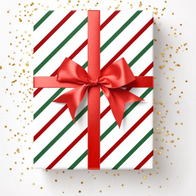Papel De Regalo Patrón de rayas de Navidades verdes rojos blancos (White Red Green Christmas Stripes Pattern Wrapping Paper)