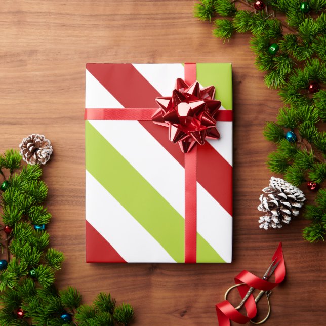 Papel De Regalo Patrón de rayas diagonales anchas rojas y verdes (Regalo de vacaciones)