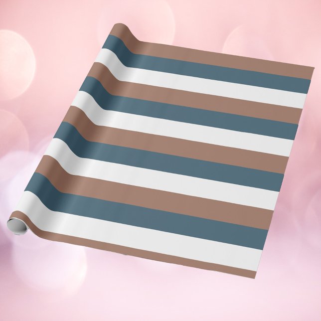 Papel De Regalo Patrón de rayas Mocha Marrón Blanco Verde azulado (Wrapping paper with a pattern of mocha brown, teal and white stripes)