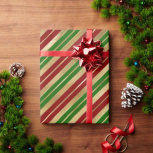 Papel De Regalo Patrón de rayas navideñas festivas rojo verde dora