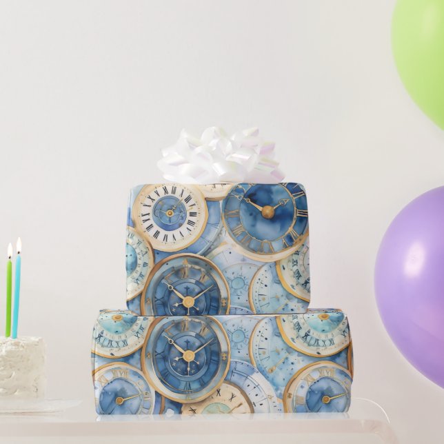 Papel De Regalo Patrón de reloj azul y dorado (Regalos de fiesta)