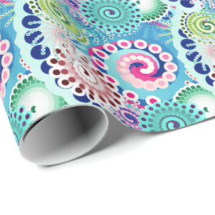 Papel De Regalo Patrón de remolino fractal, turquesa, rosa, multi
