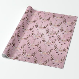 Papel De Regalo Patrón de reno unicornio de mármol dorado de rosa