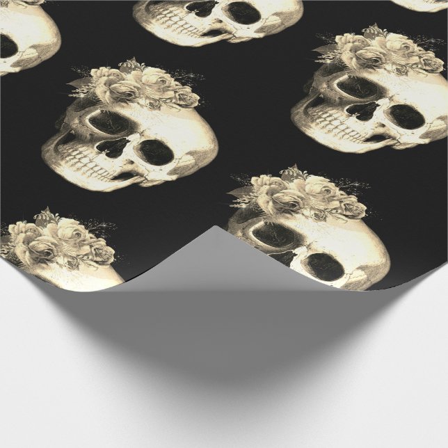 Papel De Regalo Patrón de Rosa de cráneo floral gótico Halloween (Esquina)