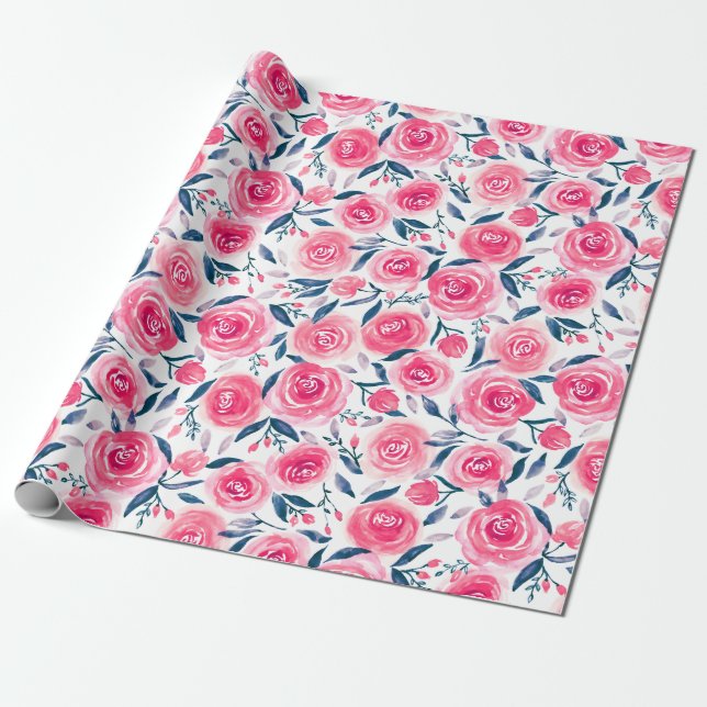 Papel De Regalo Patrón de Rosas de acuarela floral rosa (Desenrollado)