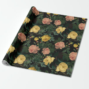 Papel De Regalo Patrón de Rosas de la antigua Redouté en negro