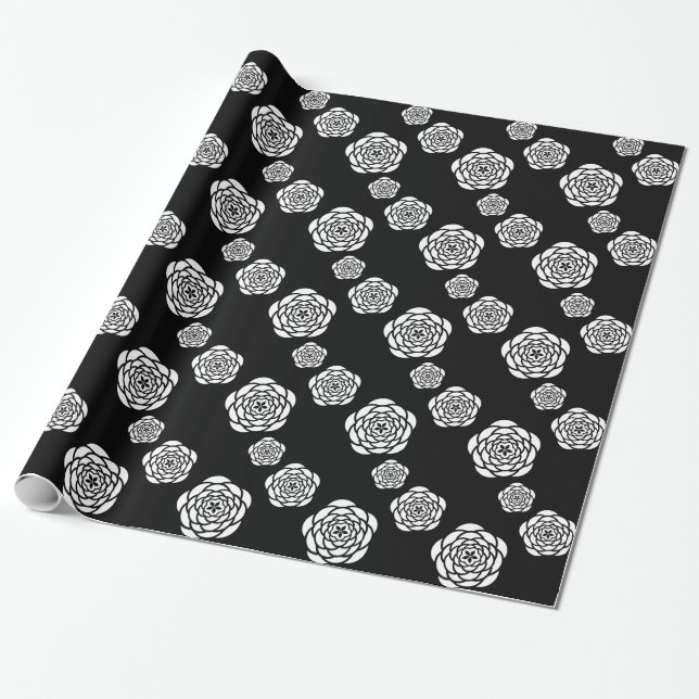 Papel De Regalo Patrón de Rosas de moda | Floral blanca y negra (Desenrollado)