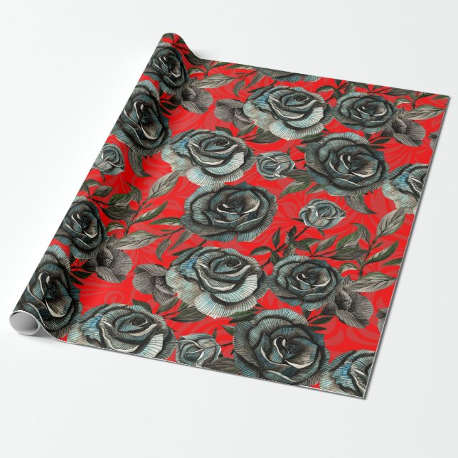 Papel De Regalo Patrón de rosas negras y rojas (Desenrollado)
