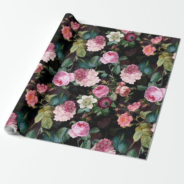 Papel De Regalo Patrón de Rosas nostálgicos de Redouté antiguo neg (Desenrollado)