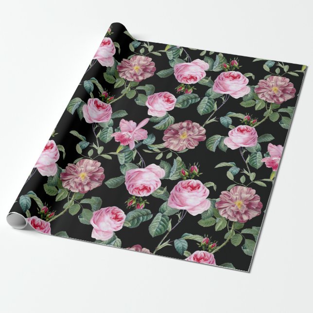 Papel De Regalo Patrón de rosas y orquídeas antiguas de color rosa (Desenrollado)