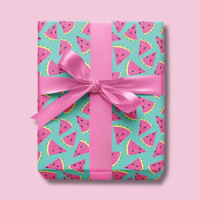 Papel De Regalo Patrón de sandía de verano (Watermelon wrapping paper on a turquoise background)