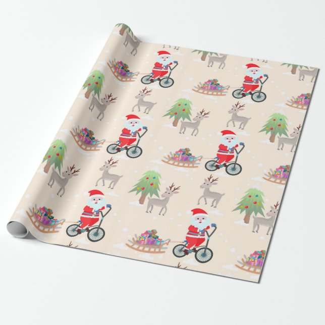 Papel De Regalo Patrón de Santa Cuta En Navidades De Bicicletas (Desenrollado)