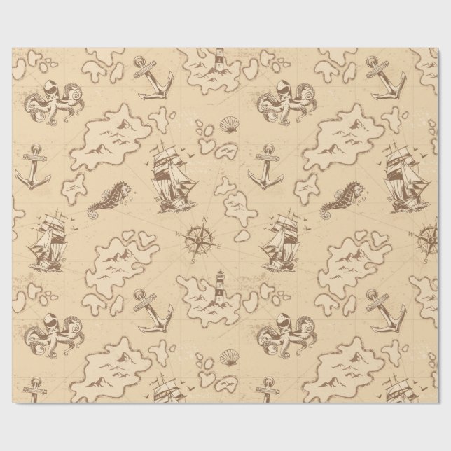 Papel De Regalo Patrón de sepia de temática náutica olden (Superficie plana)