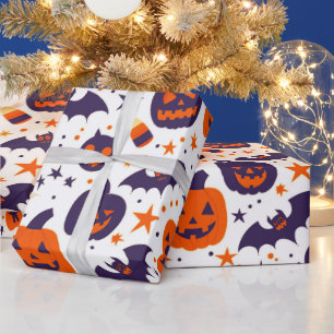 Papel De Regalo Patrón de símbolos de Halloween morado naranja bla