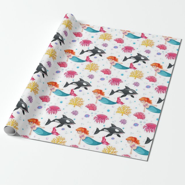 Papel De Regalo Patrón de Sirena y Ballenas (Desenrollado)