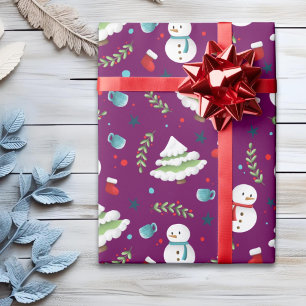 Papel De Regalo Patrón de Snowman de Navidades púrpura
