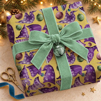 Papel De Regalo Patrón de sombrero de gnomo retro púrpura y amaril