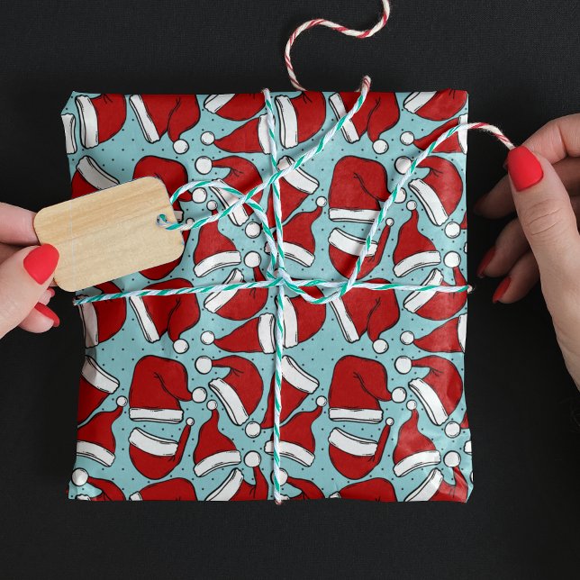 Papel De Regalo Patrón de sombrero de santa azul retro de agua (Subido por el creador)