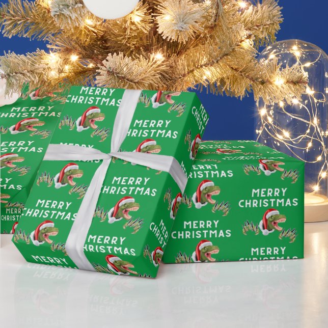 Papel De Regalo Patrón de T-Rex dinosaurio Feliz Navidad (Vacaciones)