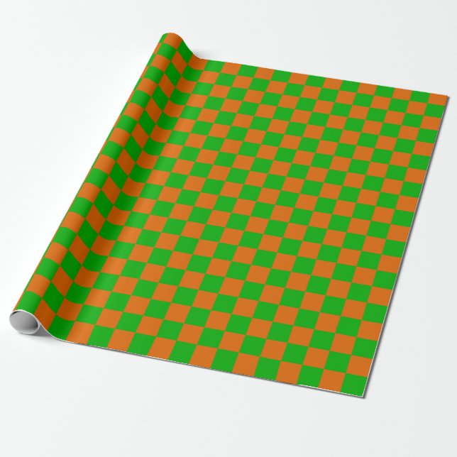 Papel De Regalo Patrón de tablero de verificación verde y Naranja (Desenrollado)
