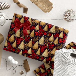 Papel De Regalo Patrón de Tartán de Navidad en Rojo y Dorado #31 I