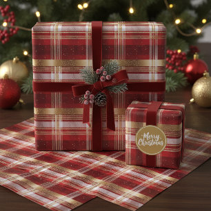 Papel De Regalo Patrón de Tartán de Navidad Rojo Dorado #7 ID1009