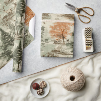 Papel De Regalo Patrón de tela verde de Jouy en la caza de bosques