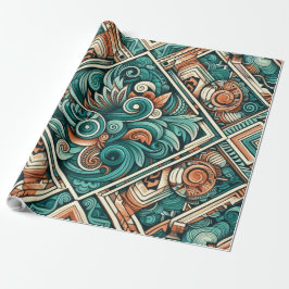 Papel De Regalo Patrón de terracota y azul teal inspirado en aztec